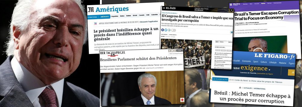 Jornais de vários Países criticaram a anistia que a Câmara deu ao crime de corrupção passiva de Michel Temer; "Se Dilma Rousseff tivesse só a metade da sede de poder e da degeneração moral de Michel Temer, ela ainda estaria no poder", disse o jornal  Der Tagesspiegel; já o Die Welt, classificou como "um duro golpe" a permanência de Temer até o fim do mandato; "A credibilidade do Congresso do Brasil continuou em farrapos", definiu o britânico The Guardian sobre a votação dos deputados que blindou Temer