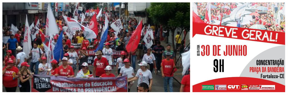 A expectativa dos organizadores do ato é que a manifestação do dia 30 de junho seja ainda maior que greve geral realizada no dia 28 de abril que paralisou, no Ceará, cerca de 500 mil trabalhadores e em todo o país mais de 40 milhões. Para o movimento do próximo dia 30, aqui no Ceará, já aderiram à greve os setores de Transporte, Educação, Comércio e Serviço, Metalúrgicos, Petroleiros, Servidores Públicos, Bancários, Eletricitários e trabalhadores rurais, entre outros. Em Fortaleza, a concentração dos manifestantes será às 9 horas, na praça da Bandeira