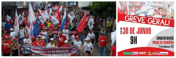 A expectativa dos organizadores do ato é que a manifestação do dia 30 de junho seja ainda maior que greve geral realizada no dia 28 de abril que paralisou, no Ceará, cerca de 500 mil trabalhadores e em todo o país mais de 40 milhões. Para o movimento do próximo dia 30, aqui no Ceará, já aderiram à greve os setores de Transporte, Educação, Comércio e Serviço, Metalúrgicos, Petroleiros, Servidores Públicos, Bancários, Eletricitários e trabalhadores rurais, entre outros. Em Fortaleza, a concentração dos manifestantes será às 9 horas, na praça da Bandeira
