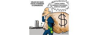 O cartunista Geuvar Oliveira ilustra Michel Temer como o "velho do saco", que ronda o Congresso cheio de benesses para distribuir aos parlamentares em troca de apoio contra sua segunda denúncia; ao que tudo indica, a troca já está acertada e a denúncia da PGR deve ser mais uma vez derrubada pelos aliados