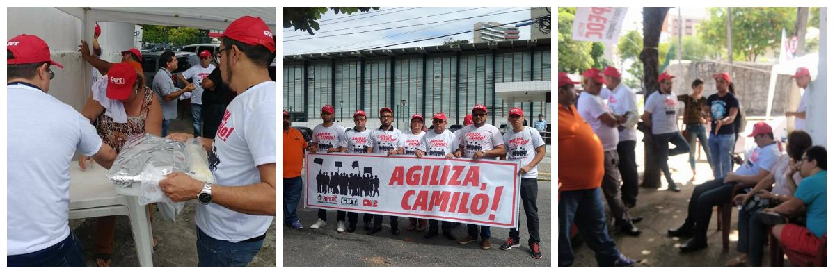 O Sindicato APEOC, que representa os professores da rede estadual de ensino, montou acampamento em frente ao Palácio Abolição nesta quarta-feira (07) para cobrar o acordo firmado que garante a recomposição diferenciada dos profissionais da Educação. O plantão vai até 17h. Os professores querem mais agilidade do Governo do Estado para aprovar, na Assembleia Legislativa, a mensagem que garantiria a recomposição salarial para os professores da ativa e aposentados
 