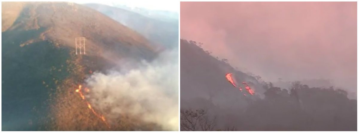 O Corpo de Bombeiros recomeçou o combate ao incêndio na Serra do Rola Moça, na Região Metropolitana de Belo Horizonte; o fogo atinge uma área perto do manancial Catarina, segundo informações da corporação; mais de 70 militares e brigadistas estavam no local durante a tarde