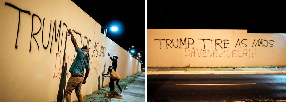 Os muros da embaixada dos Estados Unidos em Brasília foram pixados na noite desta segunda-feira 21 com mensagens críticas ao presidente Donald Trump e mensagens de apoio à Venezuela; "Trump, tire as mãos da Venezuela", diz a frase gravada na parede; em declaração recente, Trump ameaçou a Venezuela com uma intervenção militar