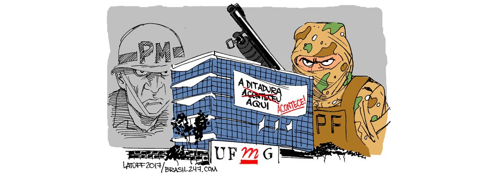 O chargista Carlos Latuff retratou nesta quinta-feira, 7, em charge especial para o 247, a operação da Polícia Federal deflagrada nessa quarta-feira, 6, contra a Universidade Federal de Minas Gerais (UFMG), que resultou na condução coercitiva do reitor, Jaime Arturo Ramírez, a vice-reitora, Sandra Regina Almeida e outros funcionários da universidade; Latuff retrata o prédio do Memorial da Anistia Política do Brasil, cujas obras estão sendo financiadas pelo Ministério da Justiça e executadas pela UFMG e estão sob investigação da PF, com uma faixa "A ditadura acontece aqui"