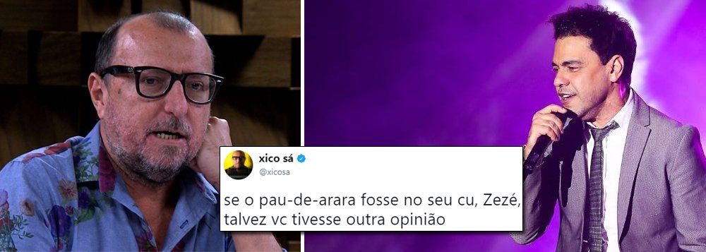 O jornalista Xico Sá criticou o cantor sertanejo Zezé di Camargo, que em entrevista afirmou que "nós não vivíamos numa ditadura, nós vivíamos num militarismo vigiado", sobre a ditadura militar instalada com o golpe de 1964; "Zezé di Camargo reabriu ditabranda inventada pela Folha de S. Paulo. Se tivessem ouvido pelo menos os gritos nos porões jamais falariam isso. Se o pau-de-arara fosse no seu cu, Zezé, talvez vc tivesse outra opinião", disse Xico Sá em sua conta no Twitter