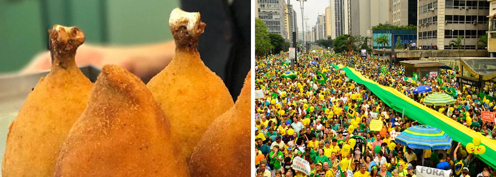 Margarete Schmidt explica a origem da gíria, criada em São Paulo para designar os policiais que faziam a ronda nos bairros e comiam coxinhas nas padarias; "A expressão coxinha passou então a ser sinônimo daquele que defende um status quo ao qual ele não pertence. Ele defende os ricos, pensa ser rico, mas na verdade é um objeto a serviço dos ricos. Um instrumento para subjugar os seus iguais. O coxinha nunca terá o poder de um Aécio, dos Marinho ou de qualquer outro milionário ou mero empresário, mas ao defendê-los, o coxinha julga ser igual a eles", diz ela