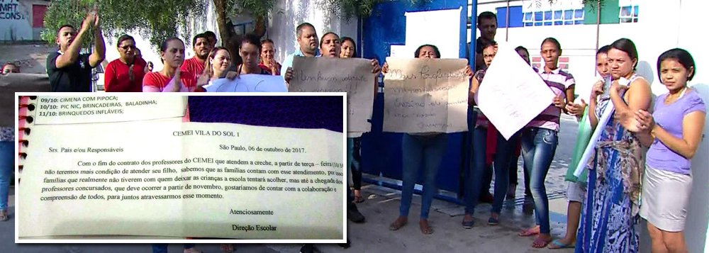Pelo menos sete escolas da zona sul da capital paulista estão dispensando alunos de creche, pré-escola e ensino fundamental por falta de professores por conta da dispensa de professores concursados pela gestão do prefeito João Doria; as escolas enviam bilhetes avisando que no dia seguinte não vai haver aula, mas algumas vezes os pais ficam sabendo na porta da unidade de ensino e têm de se desdobrar para conseguir deixar o filho com parentes ou amigos; a Secretaria municipal de Educação informa, em nota, que as unidades de ensino estão funcionando normalmente sem suspensão de aula ou dispensa de alunos