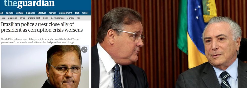 Reportagem do jornal britânico descreve Geddel Vieira Lima como um "aliado próximo" e "um dos principais articuladores políticos" de um presidente que já está sob pressão e lembra que o ex-ministro foi preso uma semana depois de a Procuradoria Geral da República ter apresentado uma denúncia por corrupção contra Michel Temer; "A Presidência de Temer tem sido marcada por uma série de escândalos de corrupção desde que ele assumiu no lugar da esquerdista Dilma Rousseff, de quem ele era vice, após um processo de impeachment controverso", diz o texto; um analista ouvido pelo veículo diz que o governo está em uma "montanha-russa" nas últimas semanas, tantos são os escândalos