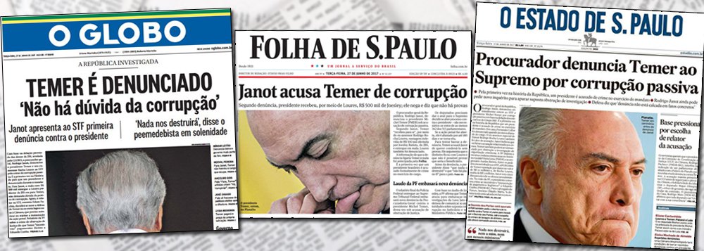 Decisiva na construção do golpe de 2016, a mídia brasileira se vê forçada a estampar em suas capas uma manchete que envergonha o Brasil diante do mundo e dos próprios brasileiros: pela primeira vez, o Brasil tem um ocupante da presidência, Michel Temer, denunciado por corrupção em pleno exercício do cargo; depois de colocá-lo no poder, a elite brasileira ainda não encontrou uma forma de se libertar desse pesadelo