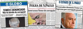 Decisiva na construção do golpe de 2016, a mídia brasileira se vê forçada a estampar em suas capas uma manchete que envergonha o Brasil diante do mundo e dos próprios brasileiros: pela primeira vez, o Brasil tem um ocupante da presidência, Michel Temer, denunciado por corrupção em pleno exercício do cargo; depois de colocá-lo no poder, a elite brasileira ainda não encontrou uma forma de se libertar desse pesadelo