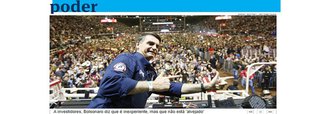"Está vendo a foto aí de cima, capa da editoria “Poder” (poder, não política) da Folha agora à noite? Ela ilustra um post em que Jair Bolsonaro diz ter “conhecimento superficial” da economia, defende a privatização da economia (mais, né?) e a venda da Petrobras, desde que não seja para estrangeiros", diz o jornalista Fernando Brito; "É uma 'carona' que Bolsonaro tomou, tempos atrás, na Festa do Peão de Boiadeiro, em Barretos. Aliás, uma recepção chocha, onde teve aplauso e teve vaia mas, sobretudo, prevaleceu o silêncio. Há um mês e meio atrás. Sem sequer uma legendinha para explicar", critica 