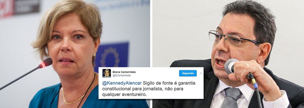 Colunista Eliane Cantanhêde chama Eduardo Guimarães, que teve sua condição de jornalista reconhecida pela Fenaj, pelos Repórteres sem Fronteiras e pela OEA, de "aventureiro" e revolta não apenas a classe jornalística, mas toda a internet; no Twitter, Eliane desvirtua ainda a Constituição, que define ser "assegurado a todos o acesso à informação e resguardado o sigilo da fonte, quando necessário ao exercício profissional", sem citar jornalistas; após ser alvo de condução coercitiva pelo Sergio Moro, Guimarães foi defendido pela classe jornalística em peso