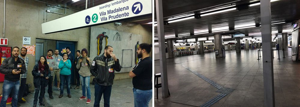 A greve gera teve alta adesão entre os trabalhadores do setor de transportes de São Paulo; ônibus e trens não operam e o metrô funciona parcialmente neste início de sexta-feira (28) na capital paulista em razão da greve geral convocada para todo o país. O rodízio municipal de veículos está suspenso; no Metrô, apenas a linha 4-Amarela, operada pela empresa privada ViaQuatro e que liga as estações Luz e Butantã, está funcionando normalmente; não há, porém, integração com as demais linhas vermelha e verde do Metrô e com a CPTM
