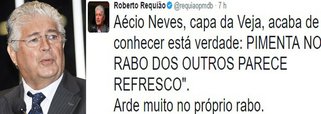 Senador Roberto Requião (PMDB) também comentou a reação do senador Aécio Neves (PSDB), que está se sentindo "injustiçado" por causa da capa da revista Veja deste final de semana, que traz informação de que ele recebeu propina da Odebrecht numa conta bancária em Nova York; "Aécio Neves, capa da Veja, acaba de conhecer esta verdade: PIMENTA NO RABO DOS OUTROS PARECE REFRESCO. Arde muito no próprio rabo", escreveu Requião em seu perfil no Twitter; Aécio é um dos políticos que mais comemoram delações e manchetes em que filiados ao PT são praticamente condenados pela própria imprensa