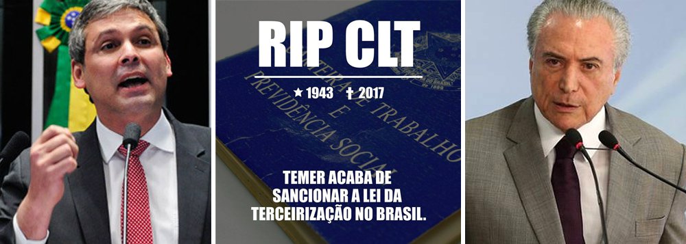 "Temer, o assassino de direitos, sancionou a lei das terceirizações nesta sexta-feira, ignorando as mobilizações. Precisamos aumentar a presença nas ruas e elevar a temperatura política para tirar o ilegítimo de onde ele nunca deveria ter entrado", diz o senador Lindbergh Farias (PT-RJ)