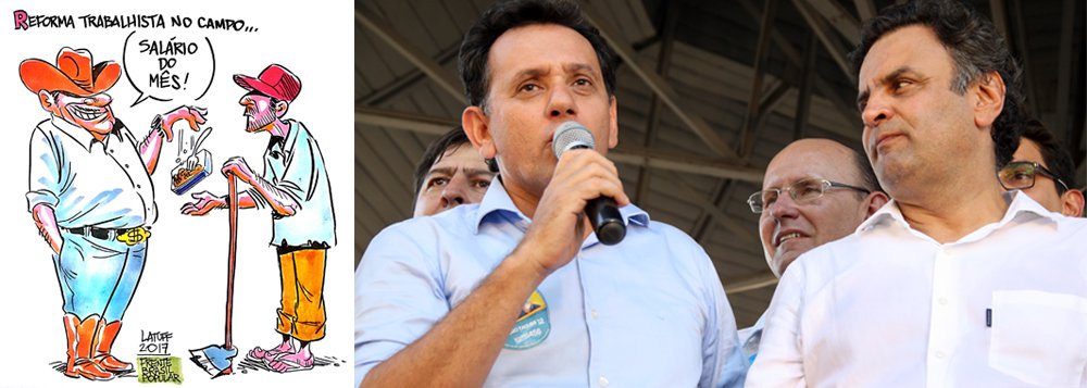 Embora o ex-presidente Fernando Henrique Cardoso e colunistas alinhadas ao PSDB, como Miriam Leitão e Eliane Cantanhêde, tenham criticado o projeto do deputado Nilson Leitão (PSDB-MT), que traz de volta a escravidão no campo, o senador Aécio Neves (PSDB-MG), presidente nacional do partido, ainda não tomou nenhuma providência; na charge de Latuff, o retrato de como o PSDB avalia que o trabalhador rural deve ser pago