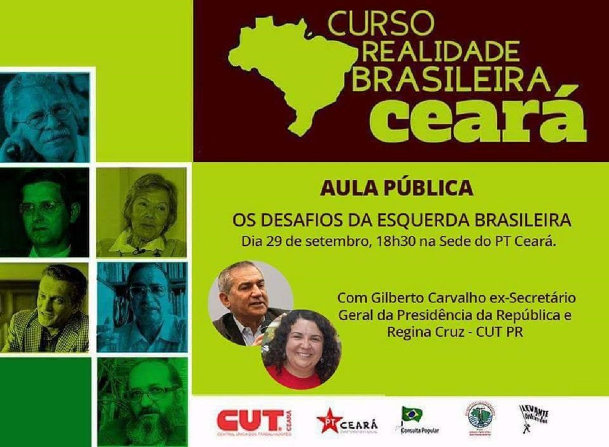 O ex-secretário-geral da Presidência da República, no governo Lula, Gilberto Carvalho, estará em Fortaleza amanhã, para participar do encerramento do "Curso Realidade Brasileira, promovido por movimentos populares e sindicatos. Ele vem ministrar a aula magna, que marca o encerramento do curso, tendo como tema "Os desafios da esquerda brasileira". A aula está marcada para as 18:30h, na sede do PT Ceará, na Av. da Universidade, 2189 e será aberta ao público. Também participará do evento a presidenta da CUT do Paraná, Regina Cruz