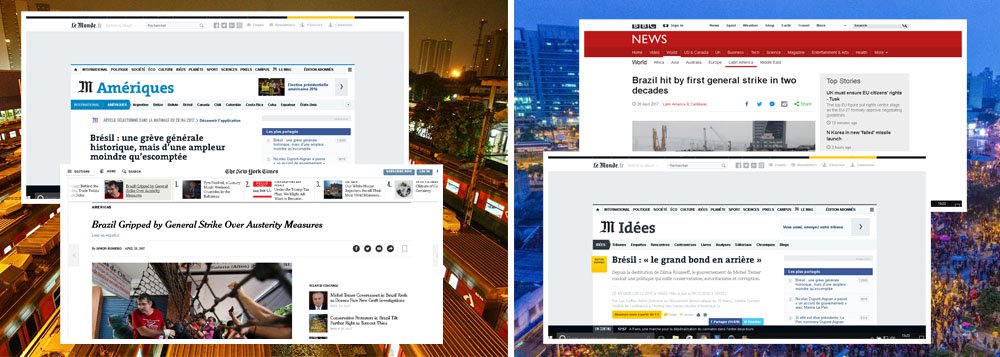 Enquanto a velha imprensa brasileira deliberadamente optou por esconder a amplitude da mobilização dos brasileiros na greve geral desta última sexta (28), a mídia internacional noticiou com o merecido destaque a dimensão dos protestos que sacudiram todos os Estados e o Distrito Federal; O The New York Times, dos Estados Unidos, disse que a greve foi contra o "governo escandaloso de Michel Temer"; na França, o Le Monde classificou a paralisação como "histórica" e publicou um dossiê e filme batizado de "Au Brésil, le grand bond en arrière, que significa: "Brasil: O grande Salto para Trás"
