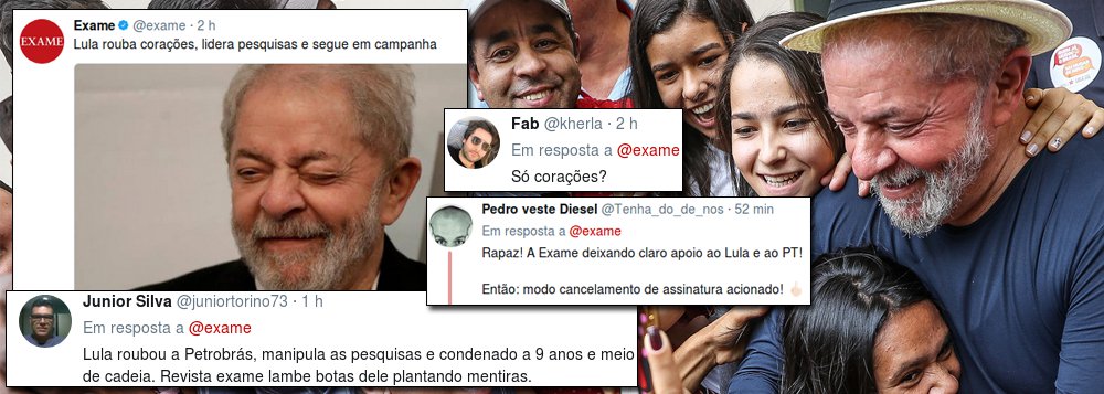 A revista Exame, da editora Abril, tem sido alvo de críticas de internautas na tarde desta terça-feira (31), desde que publicou a matéria "Lula rouba corações, lidera pesquisas e segue em campanha"; para antipetistas, estimulados pelo ódio propagado pela própria Abril em seus veículos, a chamada da matéria é positiva ao ex-presidente e, por isso, alguns prometeram parar de seguir a página, outros disseram que iriam cancelar a assinatura e teve até quem chamou a publicação de "comunista" por ter a logomarca na cor vermelha; confira as reações 