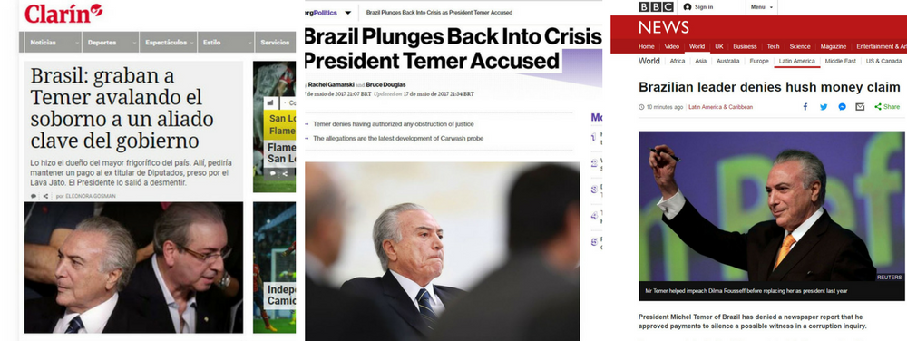 A gravação de Michel Temer avalizando o pagamento de propina para garantir o silêncio de Eduardo Cunha na cadeia teve grande repercussão na imprensa internacional; jornais de vários países deram destaque à notícia e às fortes provas de corrupção envolvendo o peemedebista; a maioria das publicações já fala que Temer é pressionado a renunciar; nos Estados Unidos, o "The New York Times", um dos mais importantes do mundo, informou que Temer endossou propina de empresários em fita secreta