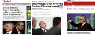 A gravação de Michel Temer avalizando o pagamento de propina para garantir o silêncio de Eduardo Cunha na cadeia teve grande repercussão na imprensa internacional; jornais de vários países deram destaque à notícia e às fortes provas de corrupção envolvendo o peemedebista; a maioria das publicações já fala que Temer é pressionado a renunciar; nos Estados Unidos, o "The New York Times", um dos mais importantes do mundo, informou que Temer endossou propina de empresários em fita secreta