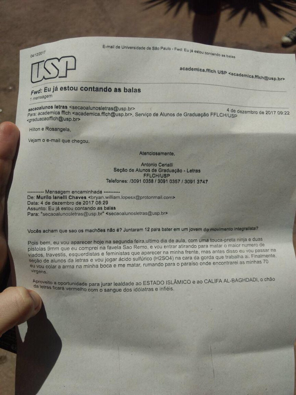 Homem informou, por e-mail, que apareceria nesta segunda-feira no prédio da faculdade de Letras para abrir fogo com uma “9 mm” contra estudantes, prometendo ainda se matar na sequência; USP registrou boletim de ocorrência na polícia e prédio da FFLCH foi fechado