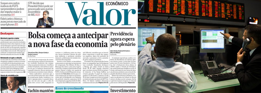 Sem praticamente nada de bom para mostrar na economia, o jornal Valor Econômico, da Globo, estampou em sua manchete desta quinta-feira que a alta da Bovespa estaria antecipando a retomada da atividade empresarial; bola fora: nesta quinta, a Bovespa desabou quase 2% e o dólar disparou