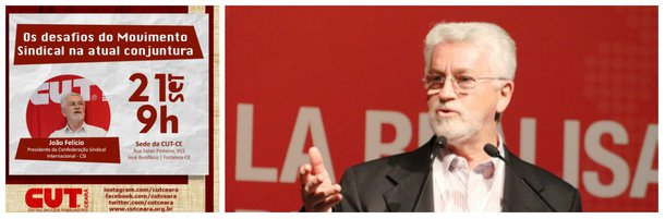 Com o tema "Os desafios do Movimento Sindical na atual Conjuntura" o presidente da Confederação Sindical Internacional (CSI), João Felício, está realizando uma palestra para os sindicalistas cearenses, na manhã desta quinta-feira (21), na sede da CUT-CE, em Fortaleza,  João Felício é ex-presidente da CUT Brasil e o primeiro latino-americano a presidir a CSI. 