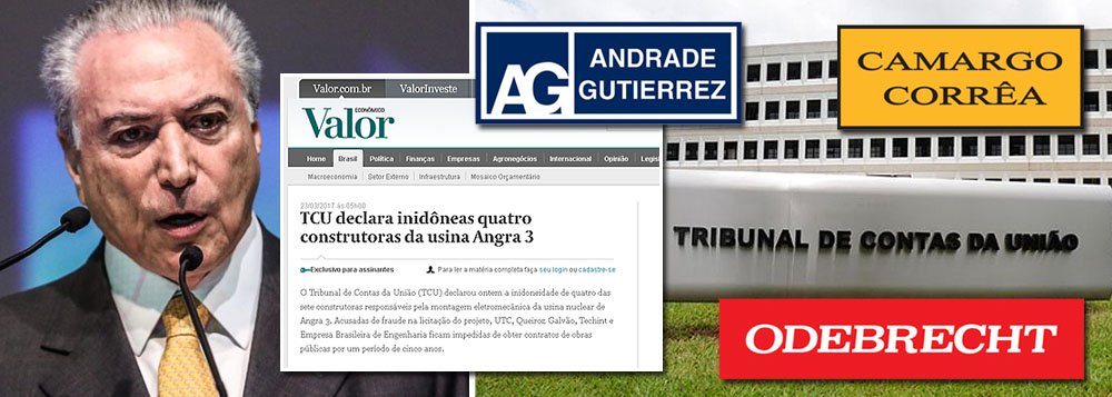 O Tribunal  de Contas da União tomou uma decisão que reduzirá a concorrência no mercado brasileiro de engenharia, já combalido pela Lava Jato, e permitirá que apenas três empresas de porte – Odebrecht, Andrade Gutierrez e Camargo Corrêa – participem de licitações públicas; outras empresas, como UTC, Techint e Queiroz Galvão, foram declaradas inidôneas e não poderão assinar contratos com governos pelos próximos cinco anos; uma das alegações do TCU é que a Controladoria-Geral da União do governo de Michel Temer não firmou acordos de leniência com as empresas agora declaradas inidôneas;  Floriano Azevedo Neto, representante da Queiroz Galvão, disse que a punição não se baseava em "provas condizentes"; com a combinação Temer-TCU, Brasil passa a ter agora um megacartel de empreiteiras