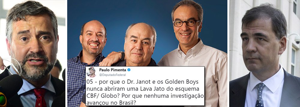 Deputado federal Paulo Pimenta (PT-RS) cobrou nesta quarta-feira, 15, uma investigação profunda sobre as denúncias de que o Grupo Globo pagou propina a dirigentes do futebol por direitos de transmissão de jogos das copas Libertadores da América e Sulamericana; "Precisou surgir uma investigação nos EUA, para que fosse dito o que todos sabiam: A Globo paga propina para dirigentes do futebol", diz Pimenta; o deputado pediu a abertura de investigação como foi feita pela operação Lava Jato; "Por que o Dr. Janot e os Golden Boys nunca abriram uma Lava Jato do esquema CBF/ Globo? Por que nenhuma investigação avançou no Brasil?", questionou Pimenta em sua conta no Twitter 