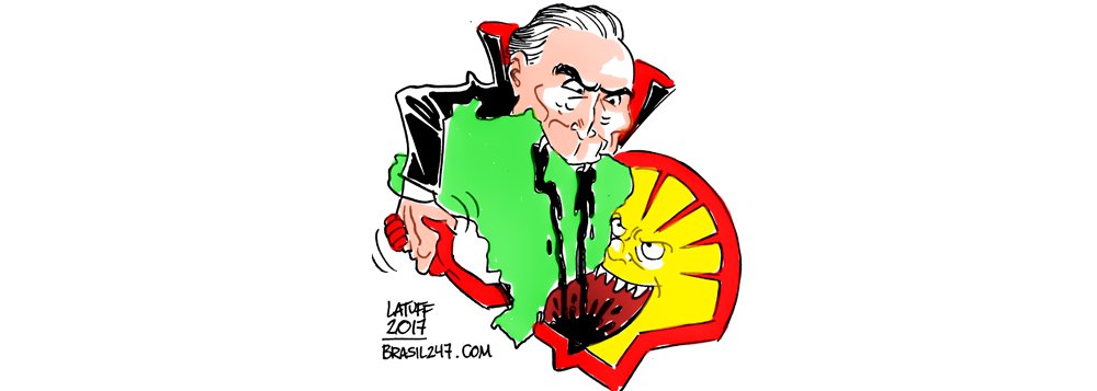 Cartunista retrata a dura realidade do Brasil, onde a pessoa que o governa atua em defesa dos interesses da Shell – e não do povo brasileiro; petroleiros irão à justiça para anular os leilões do pré-sal e a MP 795, encomendada pela multinacional do petróleo