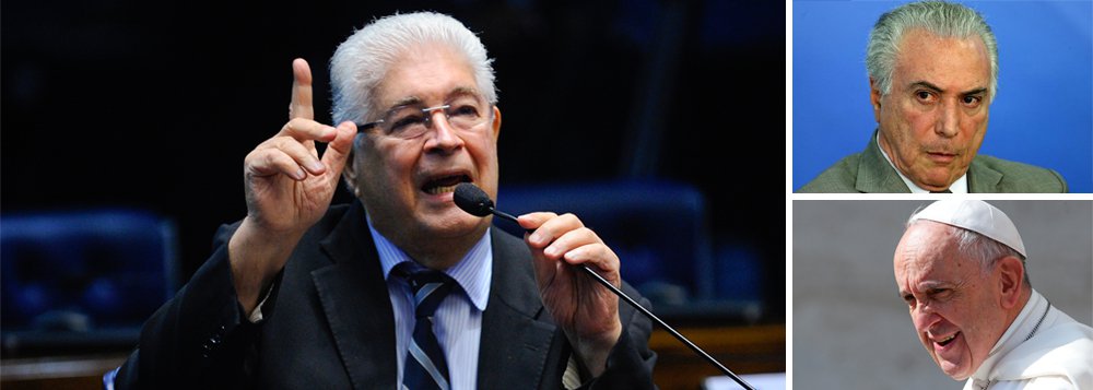 Senador Roberto Requião (PMDB-PR) embarcará neste fim de semana para a Itália, onde participará de mais uma sessão do Eurolat — o parlamento Euro Latino-Americano; de lá, o ainda copresidente do colegiado irá encontrar-se com o papa Francisco em Roma; Requião deverá pedir ao Papa, a quem conhece desde os anos 1970, que 'excomungue' o ilegítimo Michel Temer (PMDB), por retirar direitos dos trabalhadores, e o juiz Sérgio Moro, da Lava Jato, por perseguir politicamente o ex-presidente Luiz Inácio Lula da Silva e instituir uma "ditadura do judiciário" no país