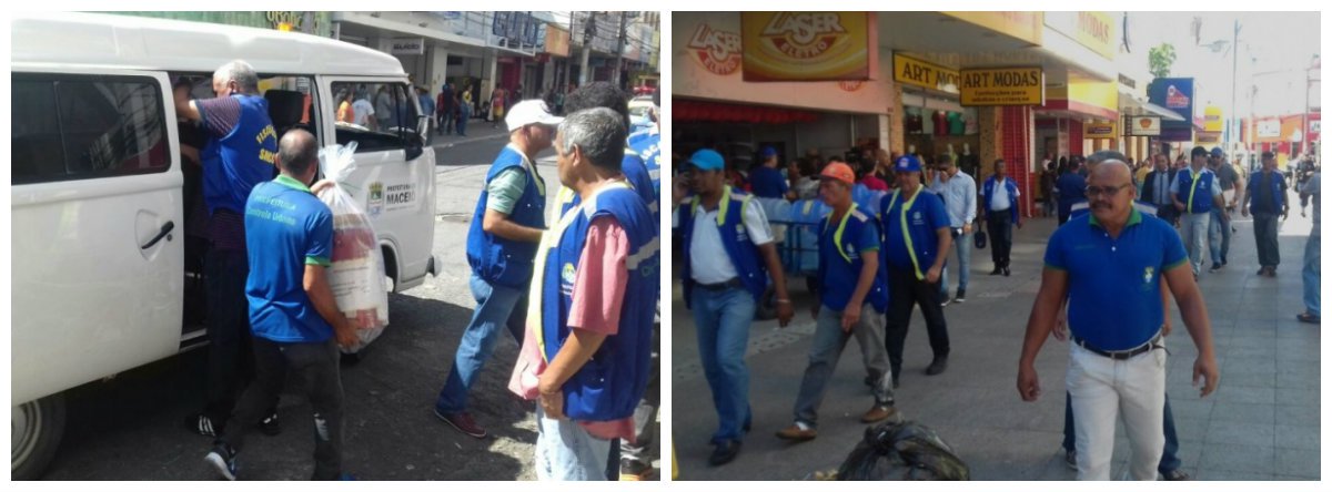Fiscais da Secretaria Municipal de Segurança Comunitária e Cidadania (SEMSCS) deflagraram uma operação de combate ao comércio ilegal de ambulantes no calçadão do comércio de Maceió; ação faz parte do projeto de regularização dos camelôs e conta com 150 fiscais da SEMSCS, além de agentes da Guarda Municipal, que fazem a segurança das equipes