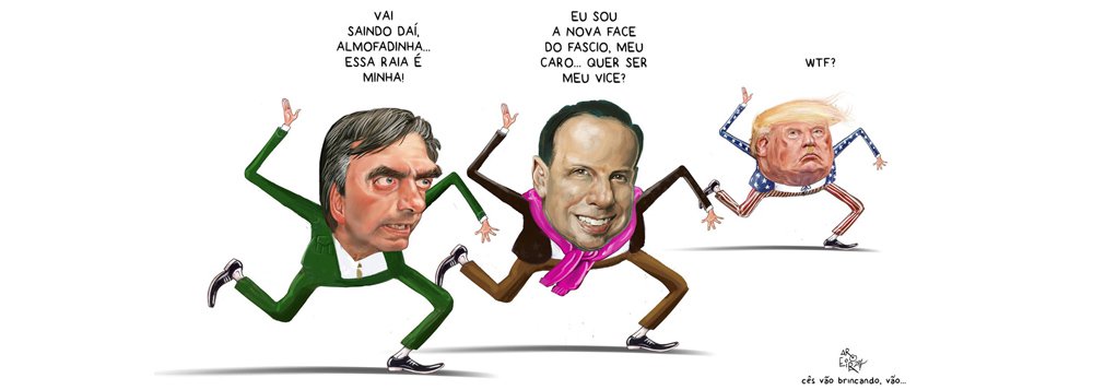 O chargista Renato Aroeira, um dos principais nomes do cartunismo nacional, resumiu numa imagem genial a disputa entre Jair Bolsonaro e João Doria pelo campeonato nacional da estupidez; os dois tentam surfar no discurso da intolerância contra minorias e do ódio ao ex-presidente Lula, que vem sendo acolhido de braços abertos pelo povo brasileiro; enquanto Bolsonaro dá um chega-pra-lá em Doria, alegando que a raia do fascismo já tem dono, Donald Trump questiona seus aprendizes: what the fuck, ou seja, que porra é essa?