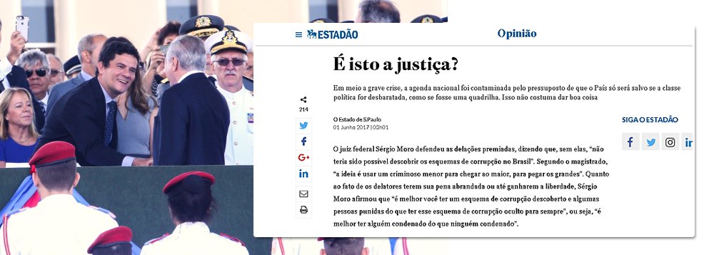 "As delações se tornaram instrumentos eminentemente políticos. Na patética articulação em curso para encontrar um 'substituto' para Temer caso o presidente caia, a primeira qualificação exigida é que o nome do candidato não tenha sido sussurrado por nenhum delator. Só então será considerada sua capacidade de governar o País. Essa é a prova de que a agenda nacional, em meio a uma das mais graves crises da história, foi definitivamente contaminada pelo pressuposto de que o Brasil só será salvo se a classe política for desbaratada, como se fosse uma quadrilha. Isso não costuma dar boa coisa", diz editorial do jornal Estado de S. Paulo desta quinta-feira, que ataca a Lava Jato para tentar salvar Michel Temer