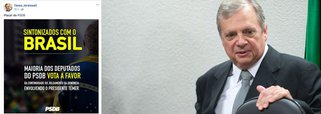 Em postagem nas redes sociais nesta quinta-feira (26), o senador Tasso Jereissati (CE) comemorou a maioria de votos do PSDB a favor do prosseguimento da denúncia contra Michel Temer na votação de ontem (25), na Câmara dos Deputados. O placar pode ser considerado uma vitória do cearense sobre o senador mineiro Aécio Neves, que articulou para salvar o peemedebista das denúncias