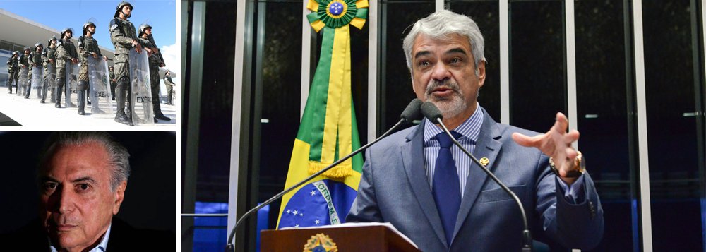 O decreto baixado por Michel Temer (PMDB) que aciona a Garantia da Lei e da Ordem e estabelece que as tropas federais atuarão em Brasília até a próxima quarta-feira (31), foi duramente criticado pelo o líder da Oposição no Senado, Humberto Costa (PT-PE), que anunciou que a cabcada do partido irá requerer informações ao Palácio do Planalto sobre o ato; "Estamos vendo uma crise institucional da maior gravidade. Nós estamos vendo, sem ter as informações precisas, que o presidente da República extrapolou as suas competências e tomou uma decisão que compromete a democracia brasileira", afirmou