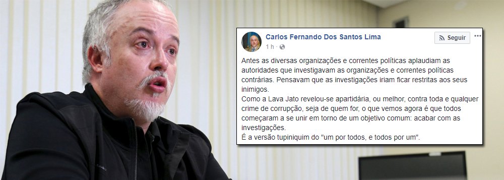 Em várias postagens no Facebook, o procurador Carlos Fernando dos Santos Lima diz que decisão liminar que veta as conduções coercitivas é a "união da fome com a vontade de comer"; ele também critica o advogado de Lula, Cristiano Zanin Martins, que elogiou a decisão: "todos começaram a se unir em torno de um objetivo comum: acabar com as investigações"