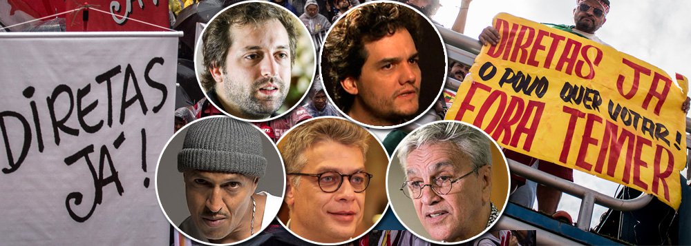 A classe artística se uniu para pedir o afastamento de Michel Temer e apoiar a realização de eleições diretas para a Presidência; Wagner Moura, Fábio Assunção, Gregório Duvivier, Lucio Mauro Filho e Emanuele Araújo divulgaram vídeos em que convocam para manifestação neste domingo, às 11 da manhã, na praia de Copacabana, no Rio; manifestação na praia vai defender a volta da democracia ao Brasil; lideranças de movimentos políticos e sociais já confirmaram presença no evento, que terá ainda um show do cantor Caetano Veloso