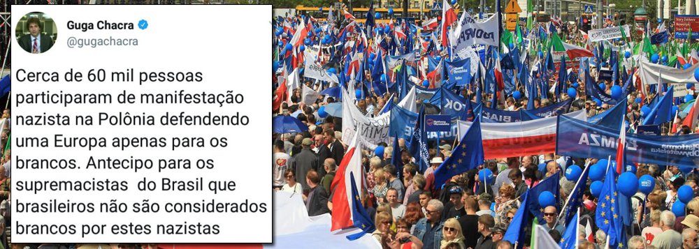 O jornalista Guga Chacra, comentarista de temas internacionais na Globonews, foi repreendido nas redes sociais pela cônsul da Polônia Katarzyna Braiter depois de dizer que a marcha pelo Dia da Independência no país, neste fim de semana, teve a manifestação de 60 mil supremacistas que defenderam uma Europa branca; Katarzyna afirmou que as informações eram falsas e que ofendiam os poloneses e informou que uma carta do embaixador polonês seria enviada à redação da Globo contra os excessos do colunista