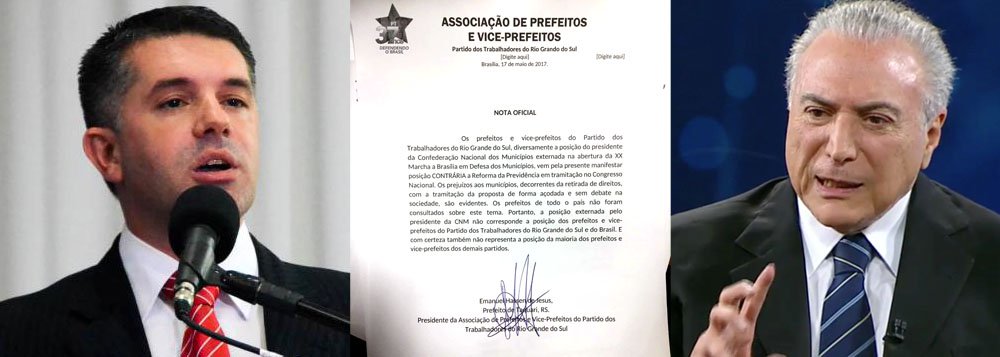 O presidente da Associação dos prefeitos e dos vice-prefeitos do PT do Rio Grande do Sul, Emanuel Hassende de Jesus, prefeito de Taquari, manifestou repúdio à declaração do presidente da Confederação Nacional dos Municípios (CNM), Paulo Ziulkoski, em apoio à reforma da Previdência; em nota, Hassende de Jesus afirmou que "os prejuízos ao municípios, decorrentes da retirada de direitos, com a tramitação da proposta de forma açodada e sem debate na sociedade, são evidentes". "Portanto, a posição externa pelo presidente da CNM à posição dos prefeitos e vice-prefeitos do Partido dos Trabalhadores do Rio Grande do Sul e do Brasil. E com certeza também não representa a posição da maioria dos prefeitos e vice-prefeitos do demais partidos", disse