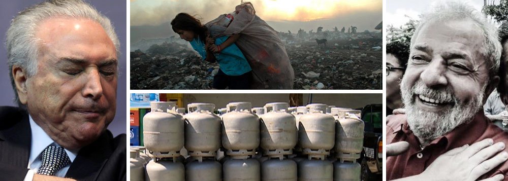 Senadora Gleisi Hoffmann, presidente nacional do PT, lembra que em um ano e meio de Michel Temer, o gás de cozinha subiu 66% e o salário mínimo, só 6%, enquanto que nos governo de Lula e Dila, o salário mínimo subiu 340% ante os 79% de reajuste no botijão; "A fome está aí de volta e se tem alguém que vem se beneficiando da política econômica golpista, com certeza não é o povo pobre, o trabalhador assalariado e nem a classe média, que, juntos, preenchem a maior parte da pirâmide socioeconômica brasileira", diz Gleisi; "Esse governo, com essa má conduta entreguista, que lesa a Pátria a cada canetada, não serve. Para o povo e para a soberania do Brasil, definitivamente ele não serve"