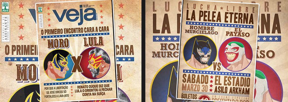 Jornalista Pedro Zambarda afirma, texto no Diário do Centro do Mundo, que "a capa da revista Veja desta semana com Lula versus Moro é plágio de trabalho dos ilustradores norte-americanos The Ninjabot"; "Participantes de feiras consagradas como a San Diego Comic-Con, eles fizeram cartazes de heróis dos quadrinhos que foram chupados pela semanal da editora Abril", diz