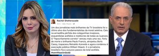 A apresentadora Rachel Sheherazade sofreu violentas críticas dos seus seguidores ao tentar defender o âncora William Waack, da TV Globo, em post publicado em seu Facebook na madrugada desta sexta-feira (10); “Poxa, não me lembro de ter discordado de um comentário seu, seja na internet ou na tv. Mas agora você querendo defender o indefensável me deixou decepcionada”, escreveu uma usuária