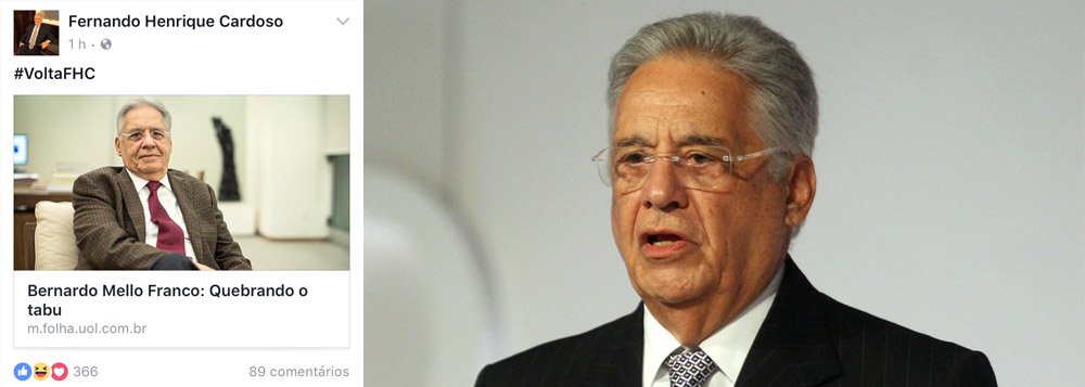 Post na página do ex-presidente Fernando Henrique Cardoso trazia a hashtag #voltafhc; registro foi feito pela coluna Painel; questionado, Xico Graziano, que cuida das redes sociais de FHC, excluiu o post e afirmou que foi um erro de sua equipe