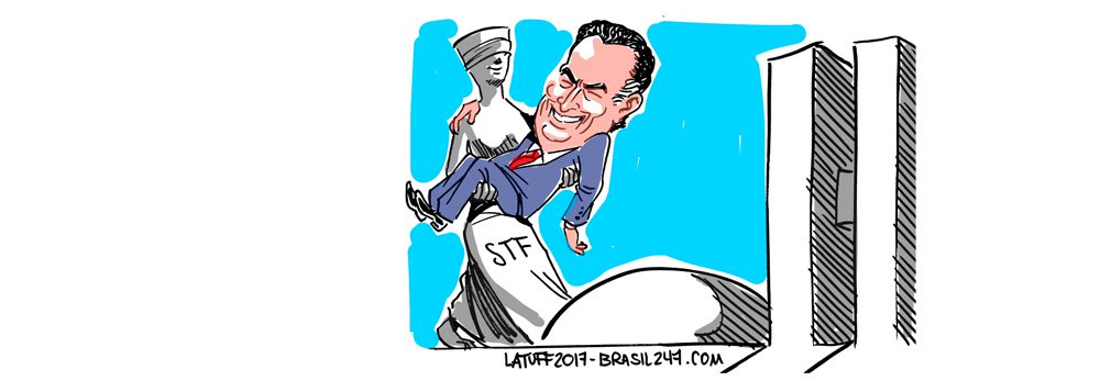 Com o voto de desempate da presidente do Supremo Tribunal Federal (STF), Cármen Lúcia, a corte definiu que a adoção de medidas cautelares que restrinjam a atuação de um parlamentar, como o afastamento dele de suas atividades legislativas, precisa do aval da Câmara dos Deputados ou do Senado; esse é o tema da charge de Latuff