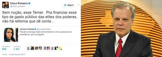 Em post no Twitter, o jornalista Chico Pinheiro, do Bom Dia Brasil, da TV Globo, chama Michel Temer de "sem noção" pelo fato de ele pagar a babá de seu filho via Palácio do Planalto; "Sem noção, esse Temer. Pra financiar esse tipo de gasto público das elites dos poderes, não há reforma que dê conta", diz Chico