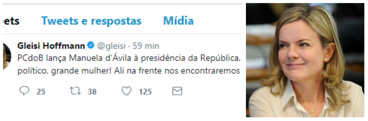 Em comunicado à imprensa divulgado neste domingo (5), o Partido Comunista do Brasil (PCdoB), informou que a deputada estadual Manuela D’Avila será a pré-candidata do partido à Presidência da República. Apostando na unidade das esquerdas, a presidenta nacional do PT, senadora Gleisi Hoffmann, comentou, nas redes socais - "Grande quadro político, grande mulher! Ali na frente nos encontraremos Manu!"
 