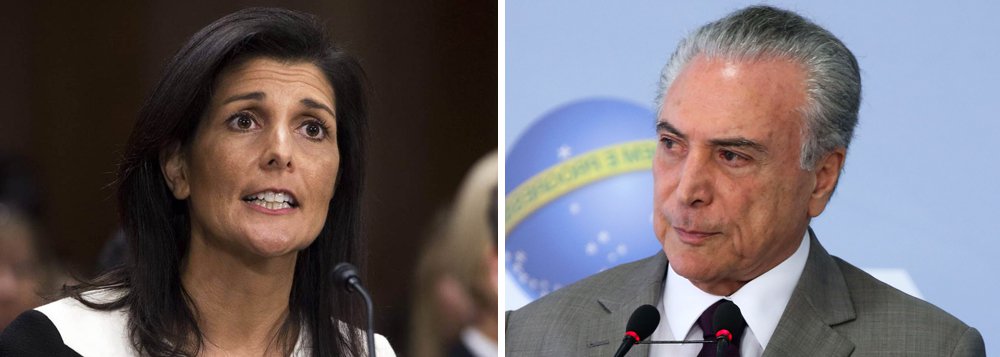 A embaixadora americana Nikki Haley defendeu nesta quarta-feira 17, em reunião na sede das Nações Unidas (ONU), a necessidade de trabalhar para que o governo venezuelano detenha a "violência e a opressão" e restaure "a democracia ao povo"; o país, no entanto, não se manifesta sobre o golpe que tirou do poder uma presidente eleita pelo povo no Brasil; pelo contrário: reconheceu imediatamente o governo ilegítimo de Michel Temer quando o impeachment foi consumado