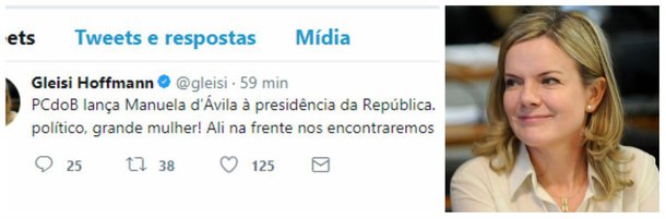 Em comunicado à imprensa divulgado neste domingo (5), o Partido Comunista do Brasil (PCdoB), informou que a deputada estadual Manuela D’Avila será a pré-candidata do partido à Presidência da República. Apostando na unidade das esquerdas, a presidenta nacional do PT, senadora Gleisi Hoffmann, comentou, nas redes socais - "Grande quadro político, grande mulher! Ali na frente nos encontraremos Manu!"
 